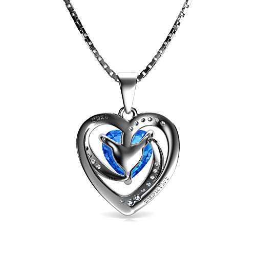 DEPHINI - 925 Silver Necklace - Aqua Crystal Heart Pendant - Fine Jewellery - 18" Rhodium Plated Silver Chain - Cubic Zirconia - Gifts for Women