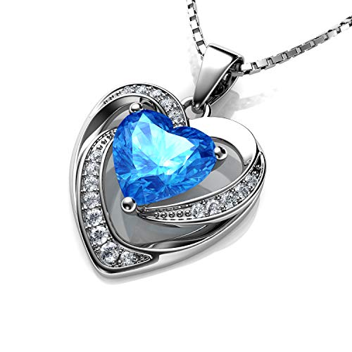 DEPHINI - 925 Silver Necklace - Aqua Crystal Heart Pendant - Fine Jewellery - 18" Rhodium Plated Silver Chain - Cubic Zirconia - Gifts for Women