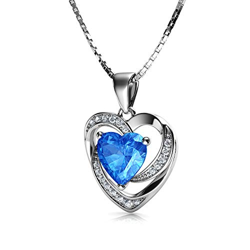 DEPHINI - 925 Silver Necklace - Aqua Crystal Heart Pendant - Fine Jewellery - 18" Rhodium Plated Silver Chain - Cubic Zirconia - Gifts for Women