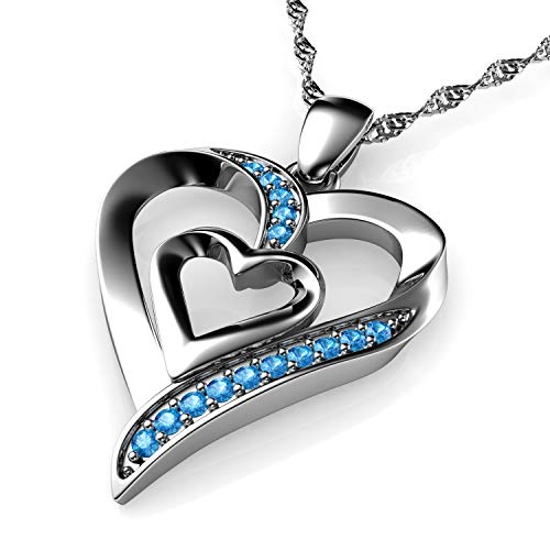 DEPHINI - Double blue Heart Necklace - 925 Sterling Silve - Fine Jewellery Woman Necklace - 18" Rhodium Plated Silver Chain - A+ Cubic Zirconia