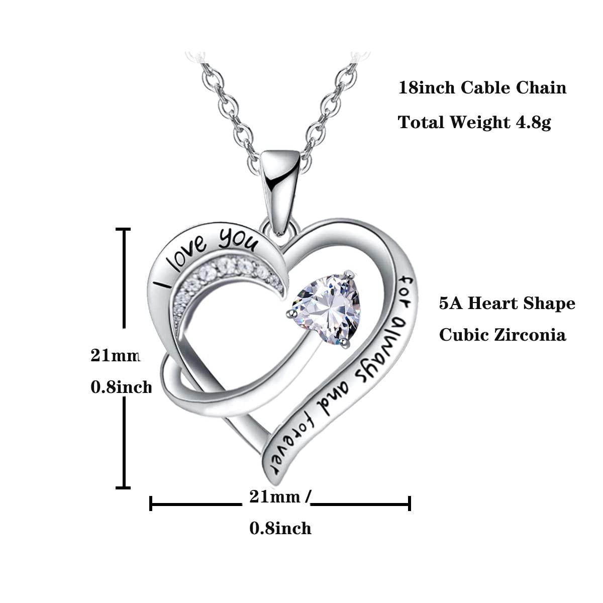 Love Heart Pendant Necklace for Women 18k White Gold Plated 5A Cubic Zirconia Engraved I Love You Jewellery Gift for Girls Wife (Red)