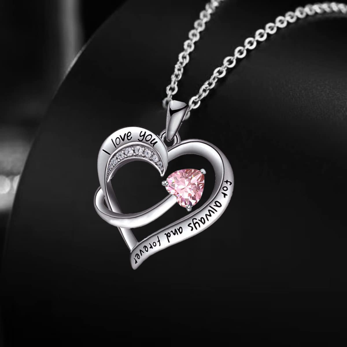 Love Heart Pendant Necklace for Women 18k White Gold Plated 5A Cubic Zirconia Engraved I Love You Jewellery Gift for Girls Wife (Red)