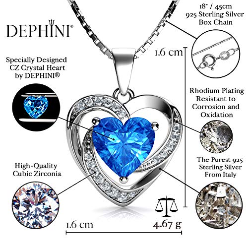 DEPHINI - 925 Silver Necklace - Aqua Crystal Heart Pendant - Fine Jewellery - 18" Rhodium Plated Silver Chain - Cubic Zirconia - Gifts for Women