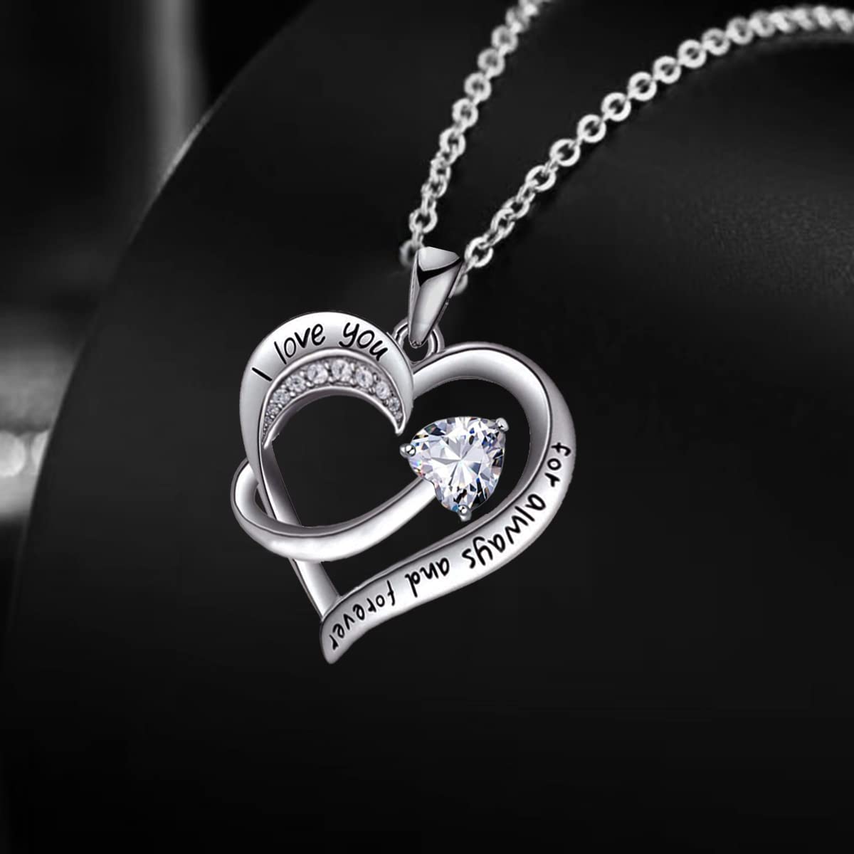 Love Heart Pendant Necklace for Women 18k White Gold Plated 5A Cubic Zirconia Engraved I Love You Jewellery Gift for Girls Wife (Red)