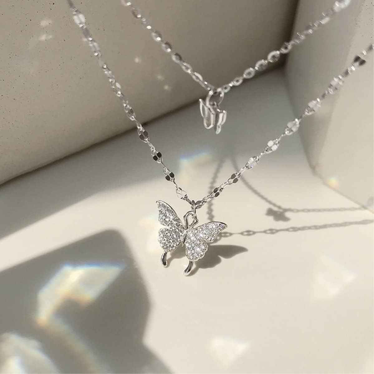 KFRS 925 Sterling Silver Butterfly Necklace for Women Double Layer Clavicle Chain Shiny CZ Necklace Dainty Gifts Party Jewelry Gift