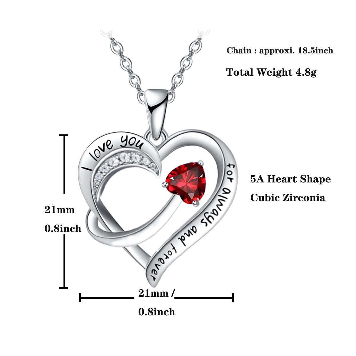 Love Heart Pendant Necklace for Women 18k White Gold Plated 5A Cubic Zirconia Engraved I Love You Jewellery Gift for Girls Wife (Red)