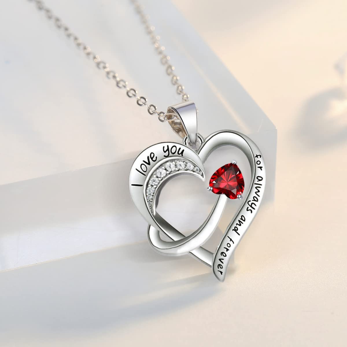 Love Heart Pendant Necklace for Women 18k White Gold Plated 5A Cubic Zirconia Engraved I Love You Jewellery Gift for Girls Wife (Red)