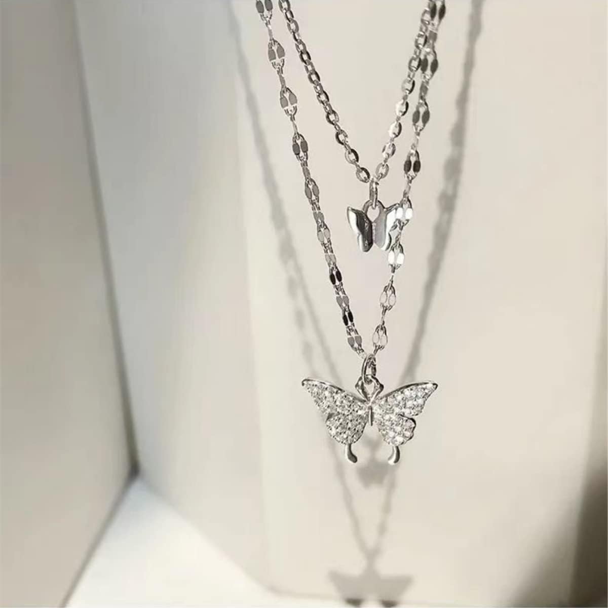 KFRS 925 Sterling Silver Butterfly Necklace for Women Double Layer Clavicle Chain Shiny CZ Necklace Dainty Gifts Party Jewelry Gift