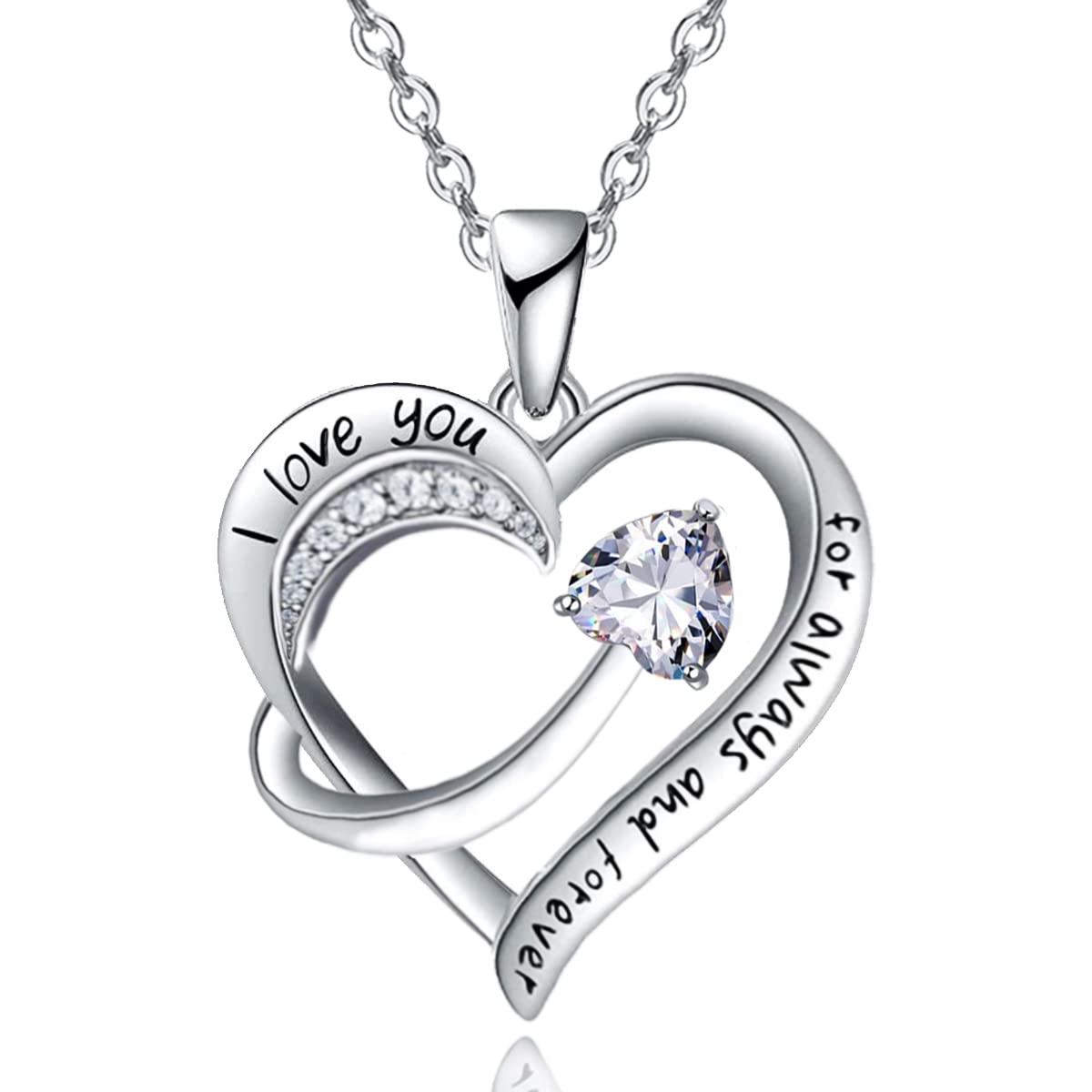 Love Heart Pendant Necklace for Women 18k White Gold Plated 5A Cubic Zirconia Engraved I Love You Jewellery Gift for Girls Wife (Red)