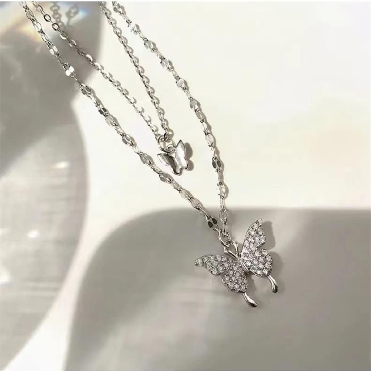 KFRS 925 Sterling Silver Butterfly Necklace for Women Double Layer Clavicle Chain Shiny CZ Necklace Dainty Gifts Party Jewelry Gift