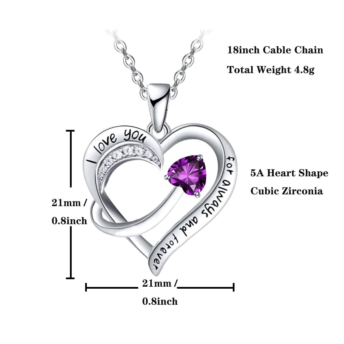 Love Heart Pendant Necklace for Women 18k White Gold Plated 5A Cubic Zirconia Engraved I Love You Jewellery Gift for Girls Wife (Red)