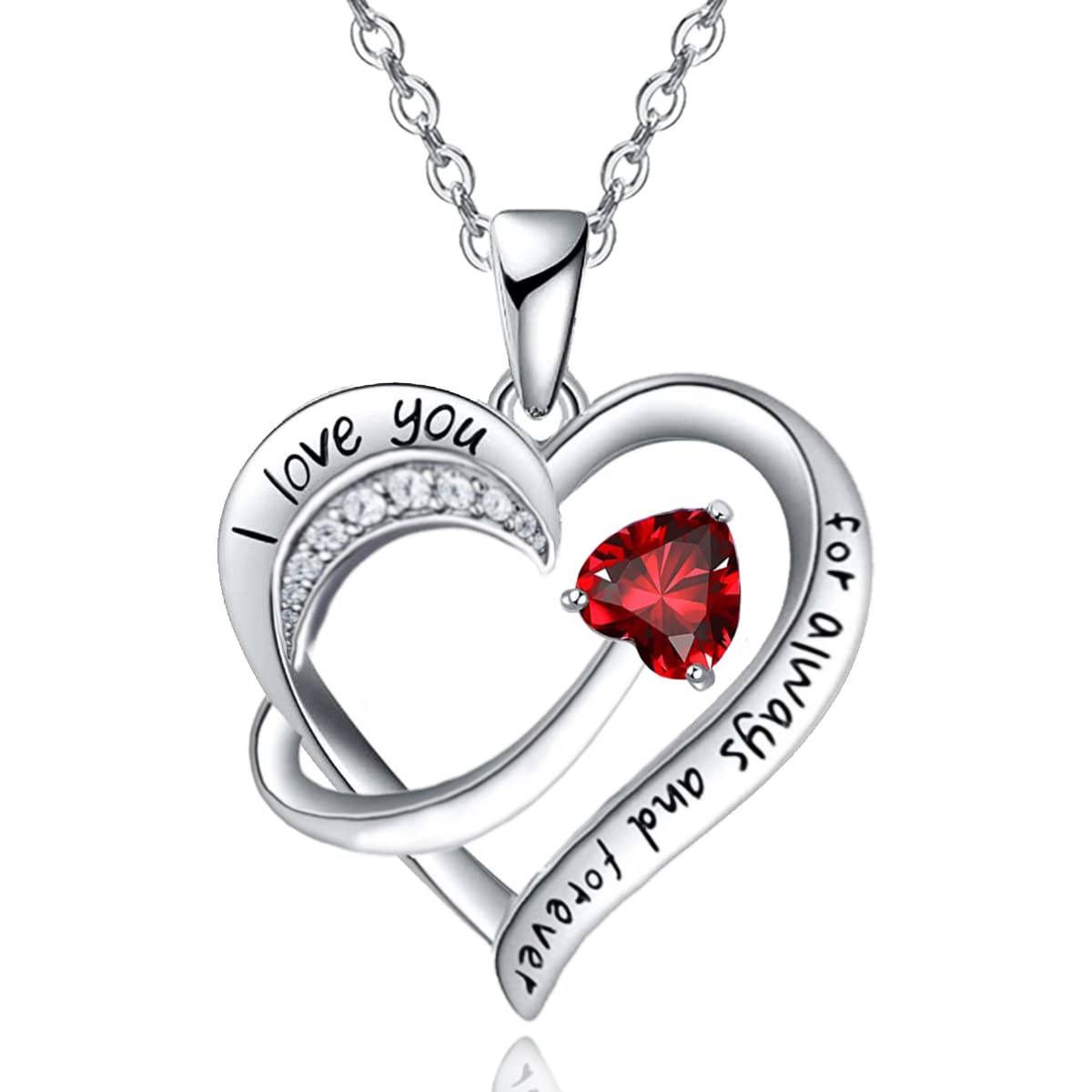 Love Heart Pendant Necklace for Women 18k White Gold Plated 5A Cubic Zirconia Engraved I Love You Jewellery Gift for Girls Wife (Red)