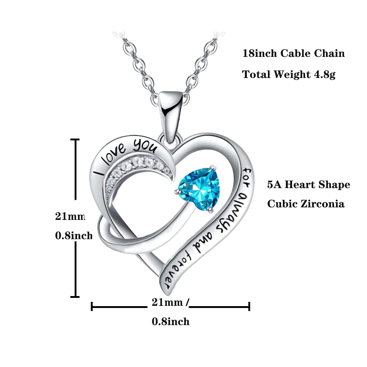 Love Heart Pendant Necklace for Women 18k White Gold Plated 5A Cubic Zirconia Engraved I Love You Jewellery Gift for Girls Wife (Red)