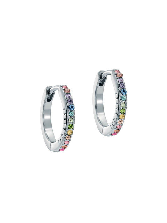 Ted Baker Heplie Crystal Hoop Earrings (14mm outside diameter) For Women (Silver/Rainbow Pastel Crystal)