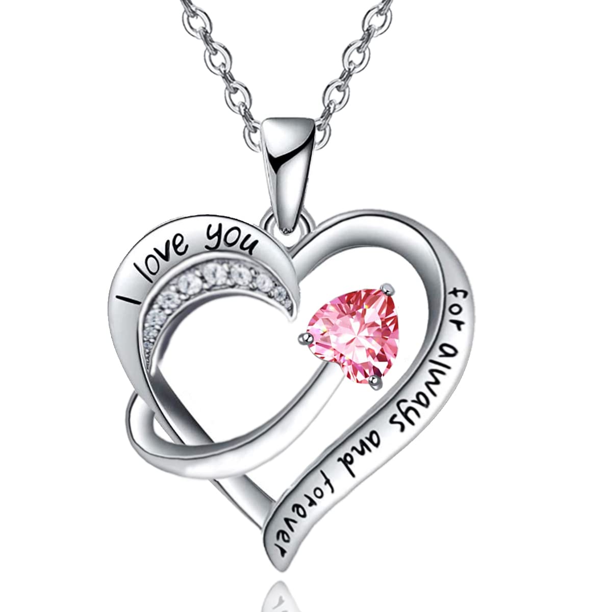 Love Heart Pendant Necklace for Women 18k White Gold Plated 5A Cubic Zirconia Engraved I Love You Jewellery Gift for Girls Wife (Red)