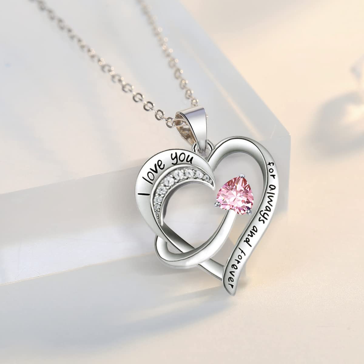 Love Heart Pendant Necklace for Women 18k White Gold Plated 5A Cubic Zirconia Engraved I Love You Jewellery Gift for Girls Wife (Red)