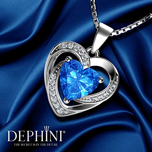 DEPHINI - 925 Silver Necklace - Aqua Crystal Heart Pendant - Fine Jewellery - 18" Rhodium Plated Silver Chain - Cubic Zirconia - Gifts for Women