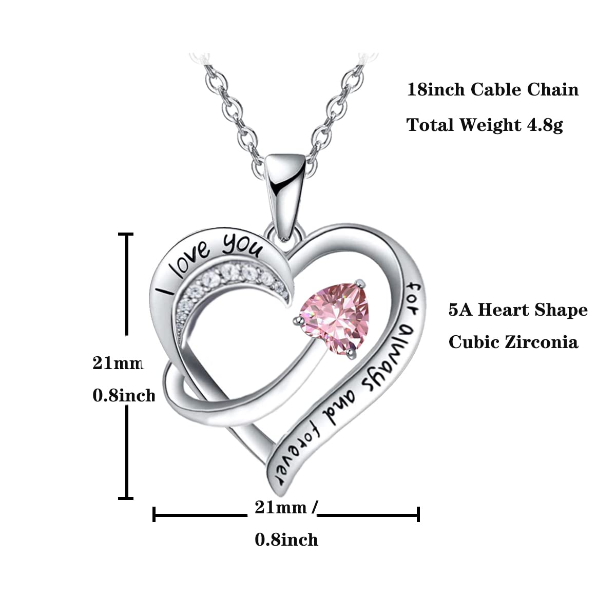 Love Heart Pendant Necklace for Women 18k White Gold Plated 5A Cubic Zirconia Engraved I Love You Jewellery Gift for Girls Wife (Red)