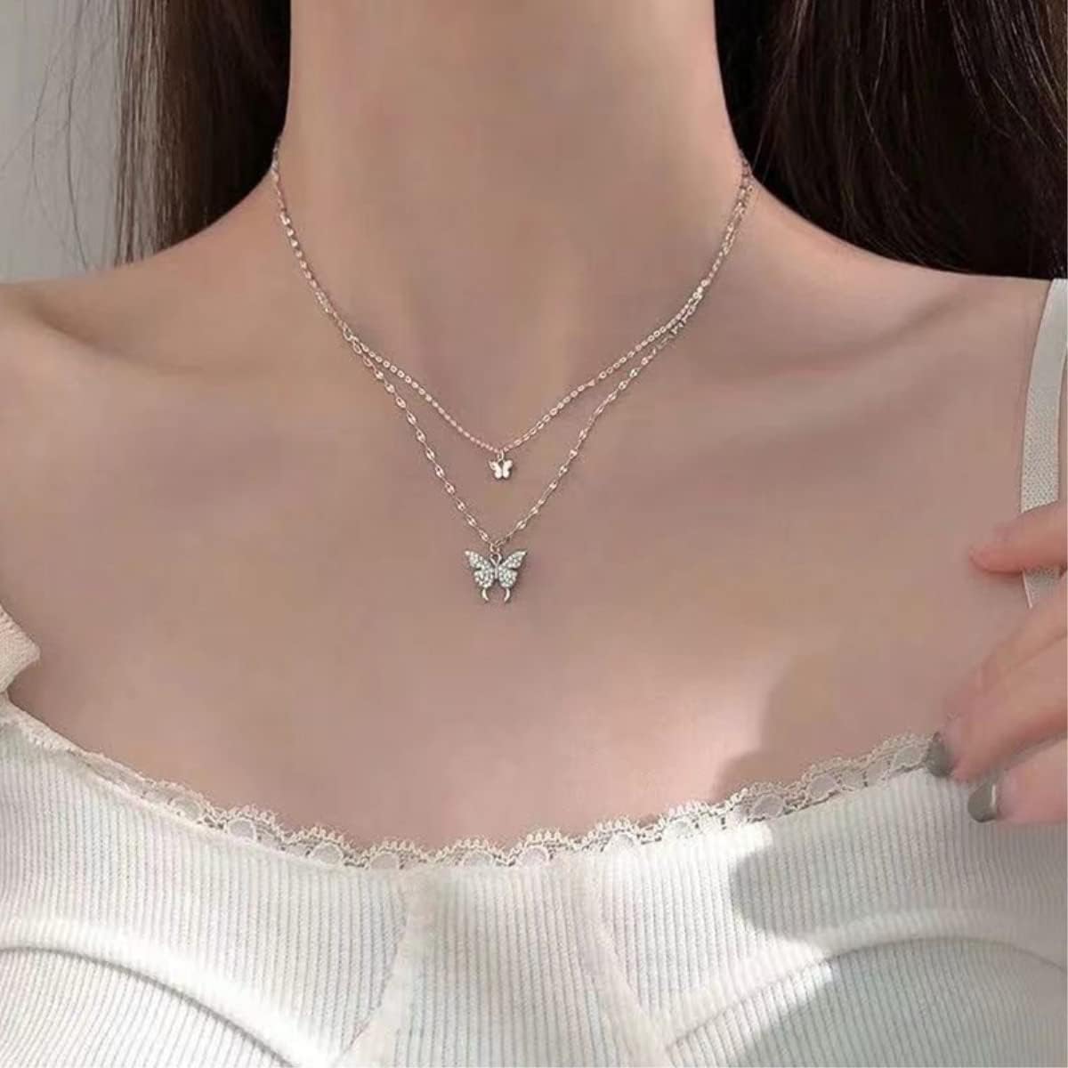 KFRS 925 Sterling Silver Butterfly Necklace for Women Double Layer Clavicle Chain Shiny CZ Necklace Dainty Gifts Party Jewelry Gift