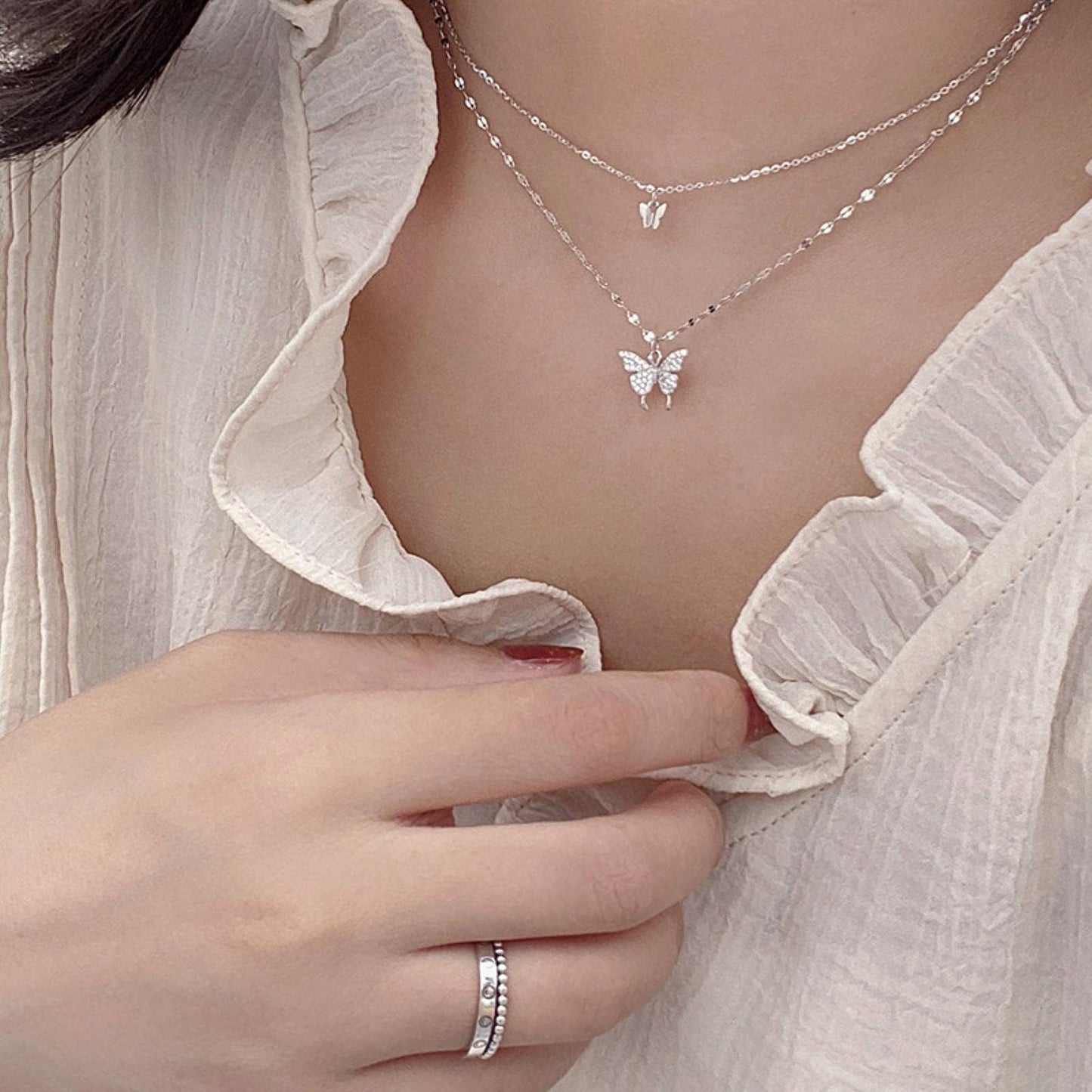 KFRS 925 Sterling Silver Butterfly Necklace for Women Double Layer Clavicle Chain Shiny CZ Necklace Dainty Gifts Party Jewelry Gift