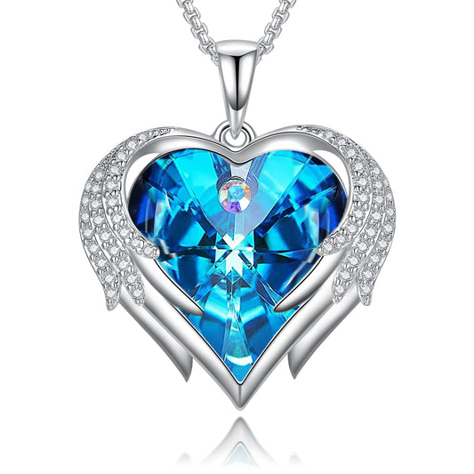 Praelinos Angel Wing Heart Necklaces for Women 18K White Gold Plated Silver Tone Pendant Necklaces 5A Cubic Zirconia Necklace Austria Crystal Jewellry Valentines Blue Gifts for Mom Girlfriend Wife Her