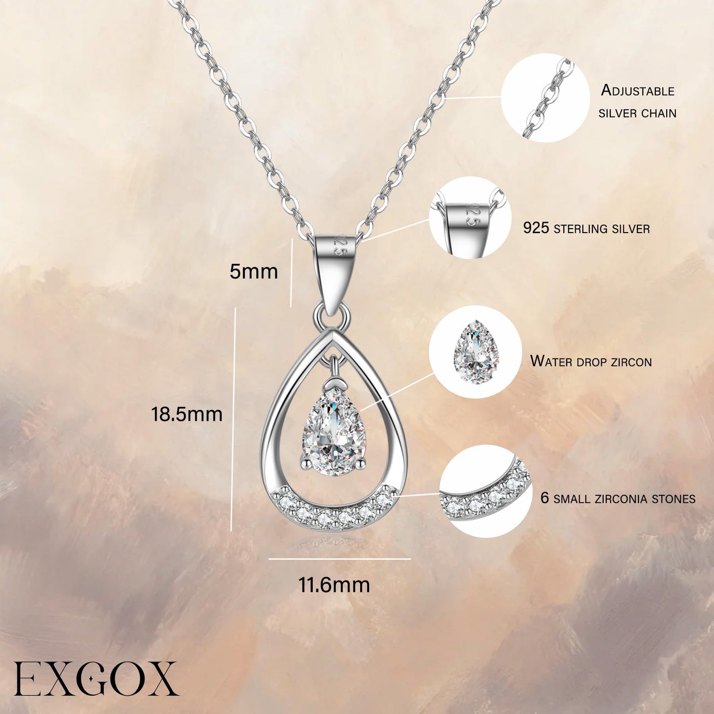 EXGOX Silver Necklace for Women 925 Sterling Silver Necklace Dainty Water Heart Silver Necklace Crystal Pendant Chain Necklace for Women Lady Gifts