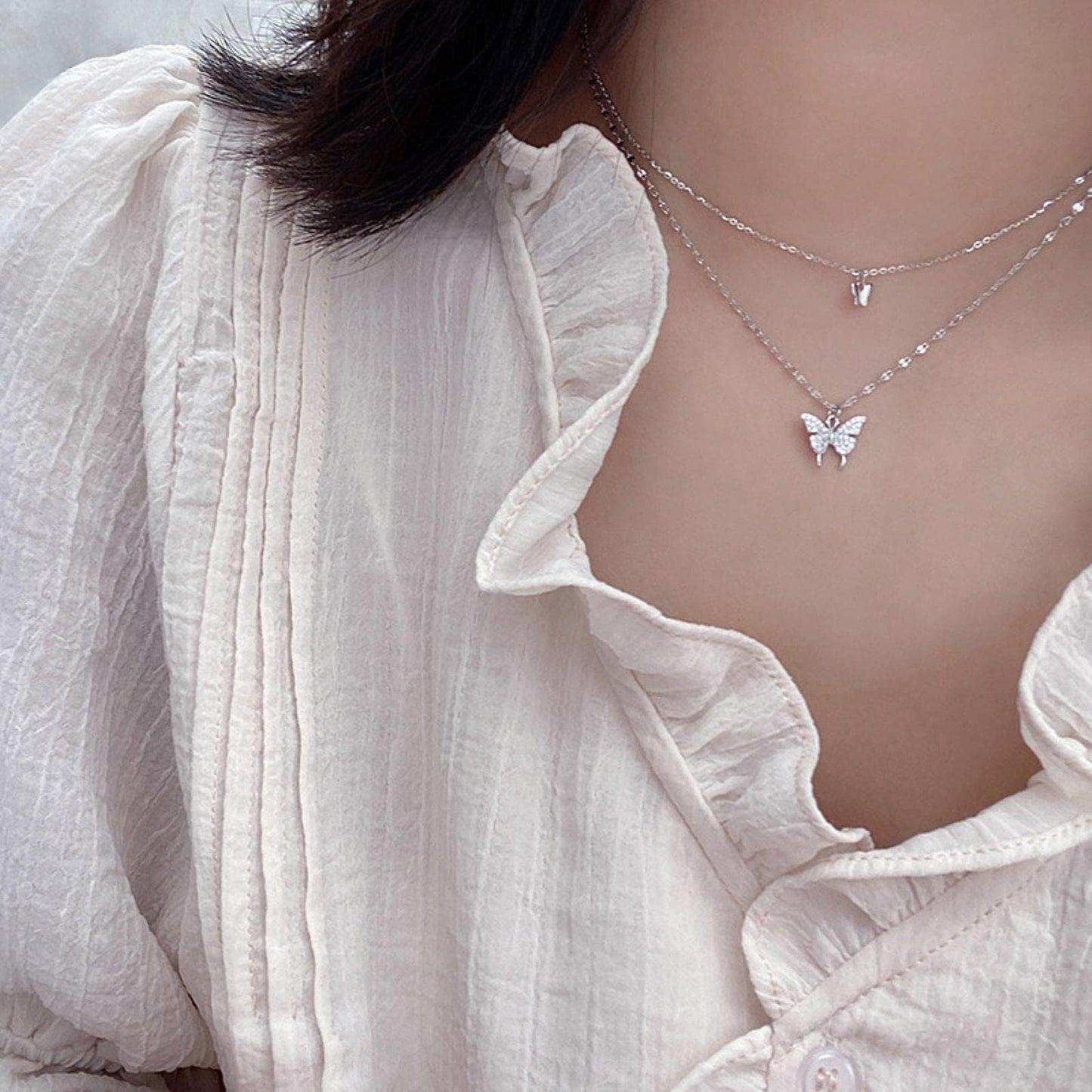 KFRS 925 Sterling Silver Butterfly Necklace for Women Double Layer Clavicle Chain Shiny CZ Necklace Dainty Gifts Party Jewelry Gift